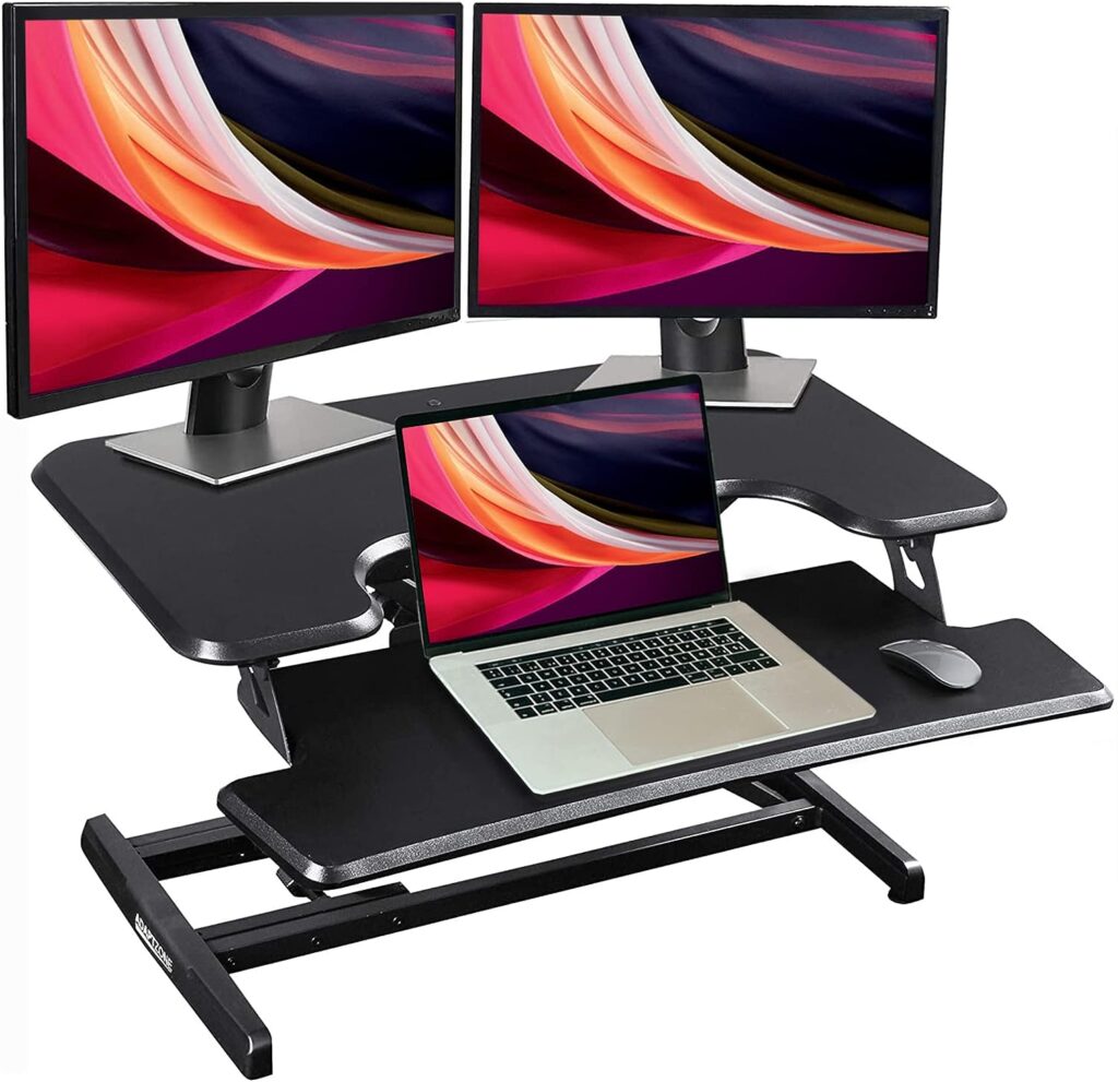ADAPTZONE Standing Desk Converter, 33 Inch Height Adjustable Sit Stand Up Desk Riser, Sit Stand Desk Converter with Deep Keyboard Tray for Laptop, Tabletop Stand Up Desk Workstation Fits Dual Monitor