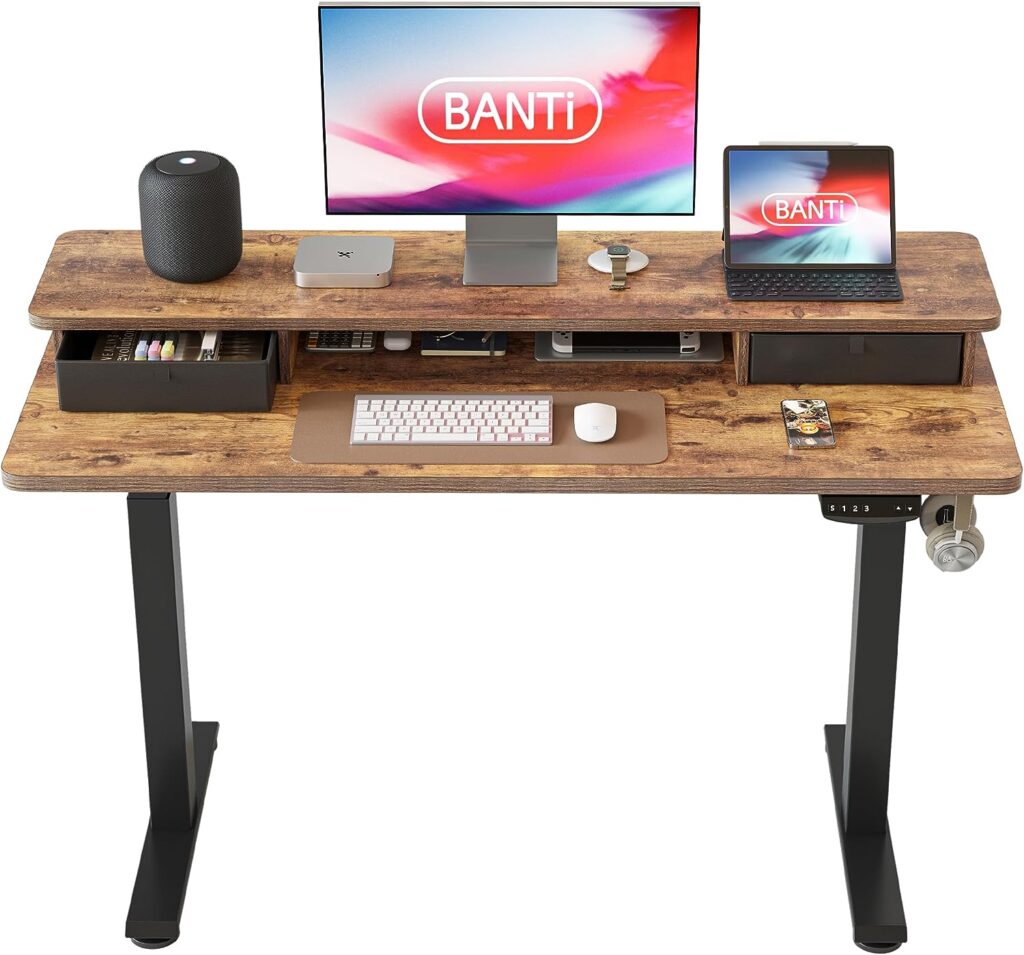 BANTI 40x24 Inch Electric Standing Desk with Double Drawers, Adjustable Height Stand Up Desk, Sit Stand Home Office Desk with Storage Shelf, Rustic Brown Top