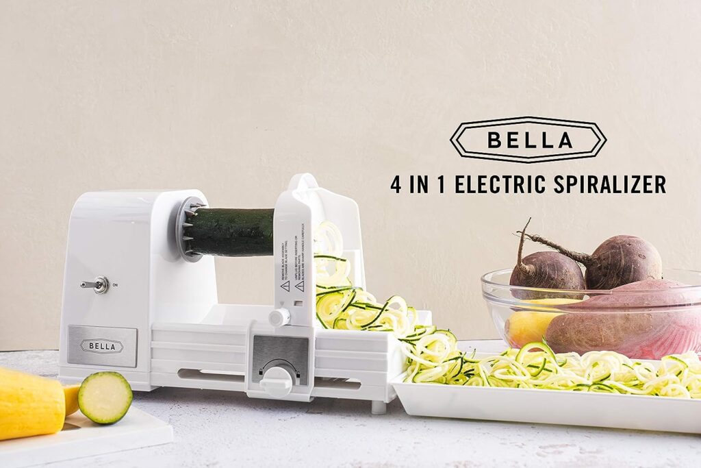 BELLA 4-in-1 Automatic Electric Spiralizer  Slicer, Quickly Prep Healthy Veggie or Fruit Spaghetti, Noodles or Ribbons, Easy To Clean, Recipe Book Included, White