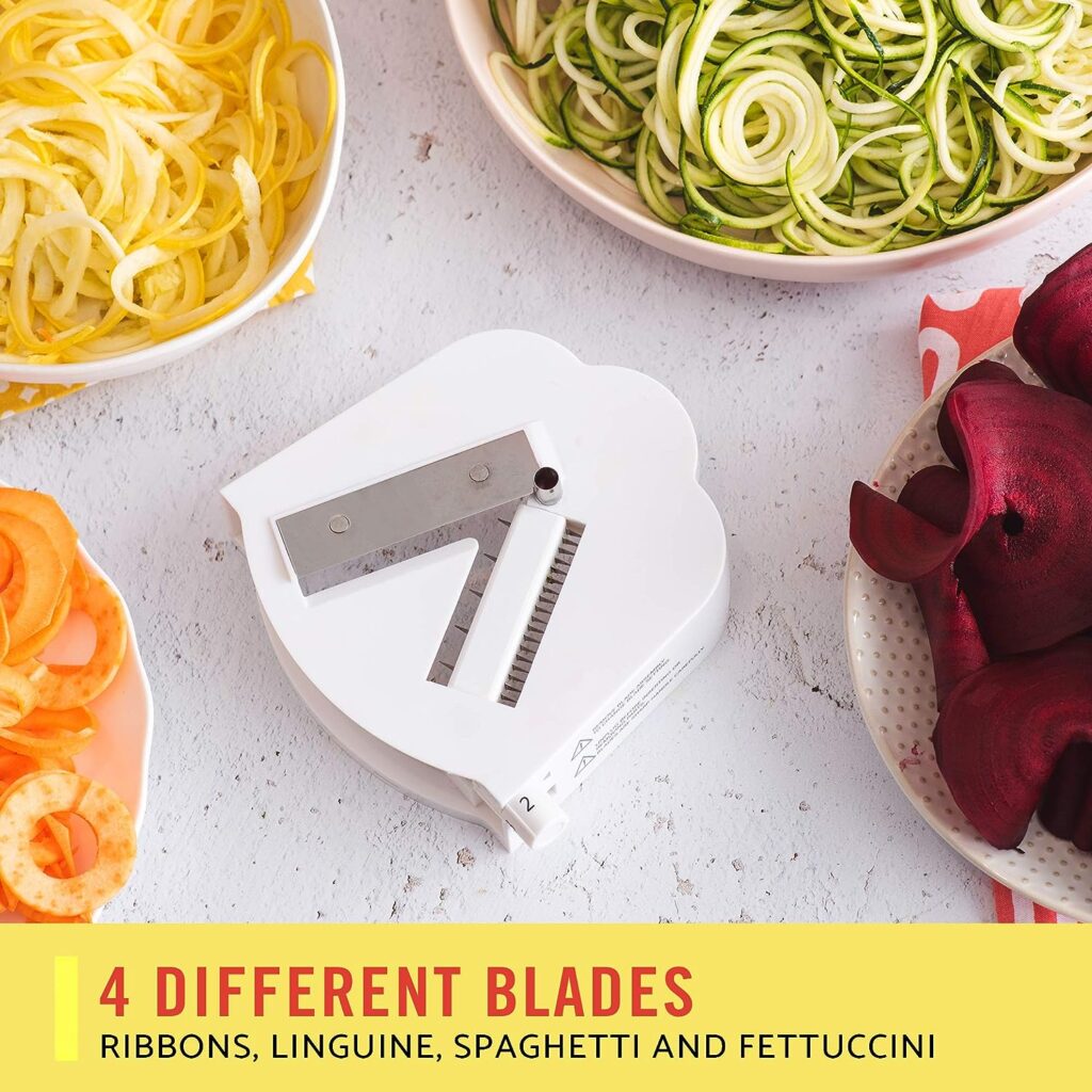 BELLA 4-in-1 Automatic Electric Spiralizer  Slicer, Quickly Prep Healthy Veggie or Fruit Spaghetti, Noodles or Ribbons, Easy To Clean, Recipe Book Included, White