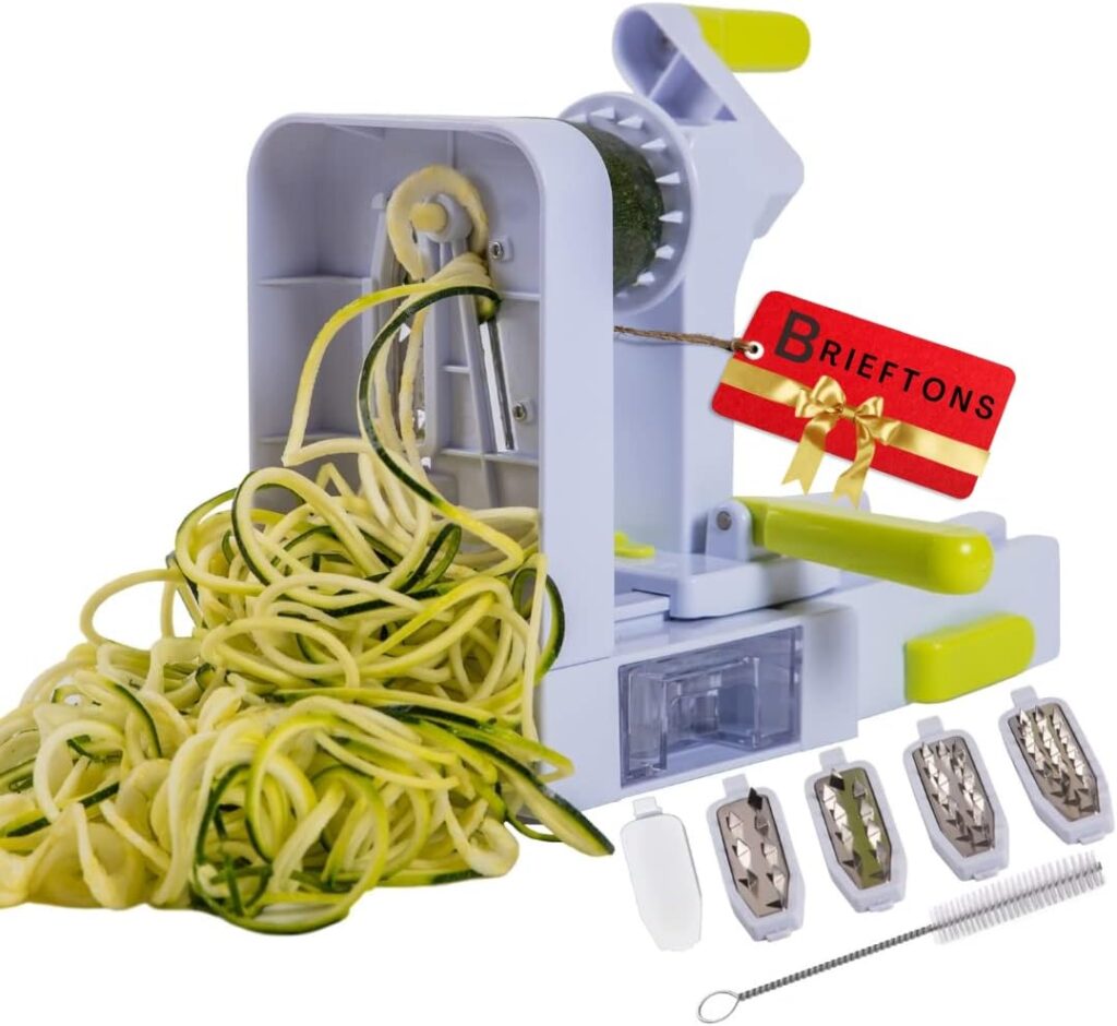 Brieftons QuickFold 5-Blade Spiralizer: Versatile  Compact Foldable Vegetable Spiral Slicer, Best Veggie Pasta Spaghetti Maker for Low Carb/Paleo/Gluten-Free with Brush  4 Recipe Ebooks