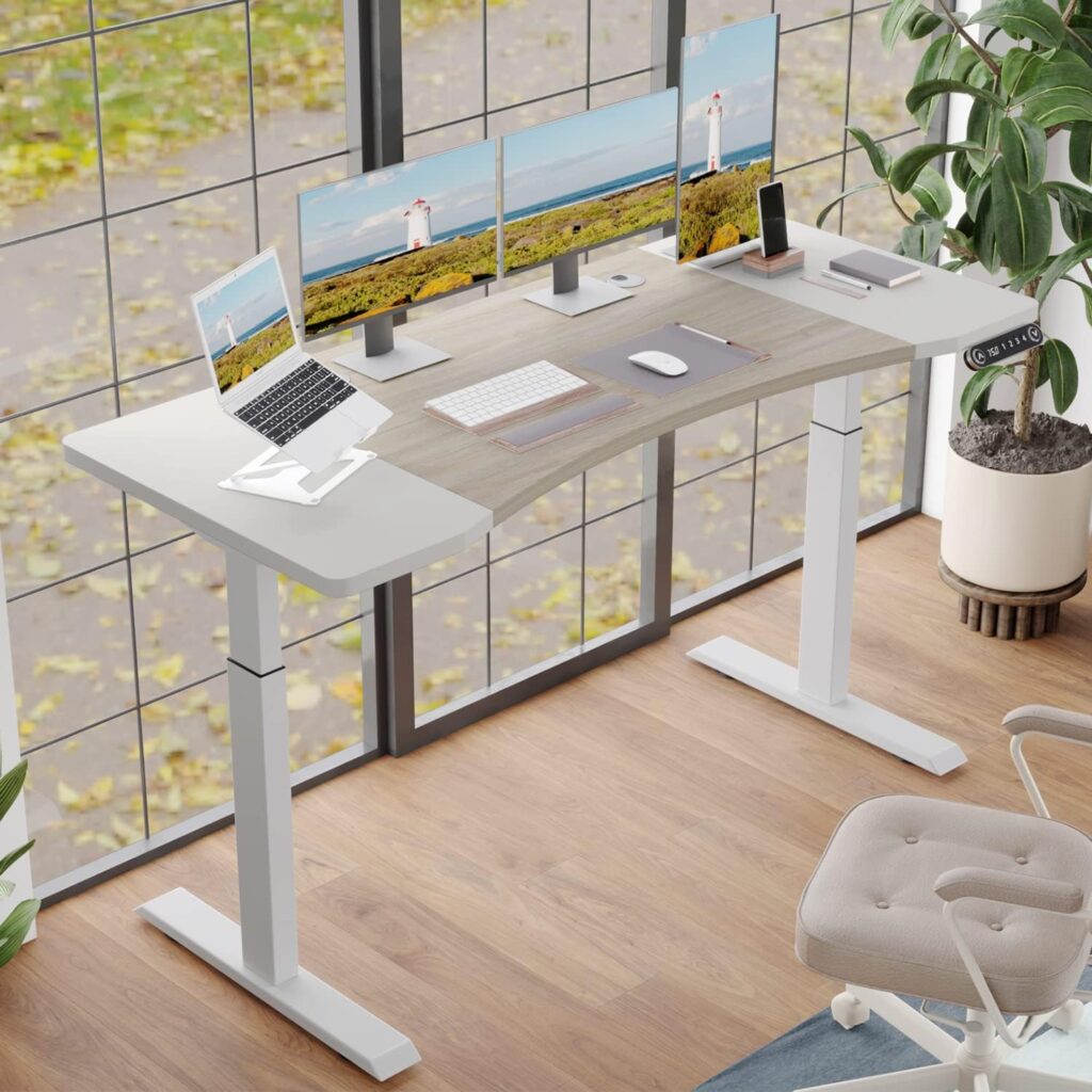 BUNOEM Dual Motor 63x30 Height Adjustable Electric Standing Desk,Height Stand Up Computer Desk,Sit and Stand Home Office Desk with Splice Board(Oak+White Top, White Frame)
