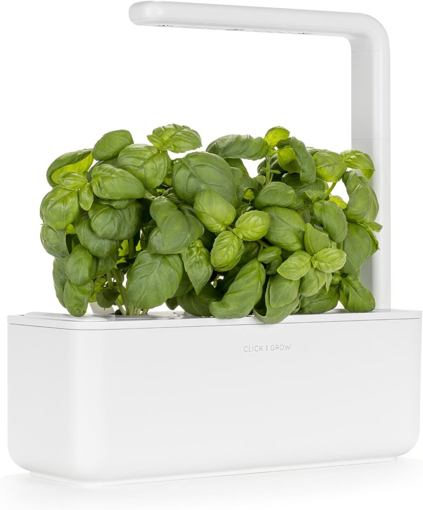 Click  Grow Indoor Herb Garden Kit with Grow Light | Smart Garden for Home Kitchen Windowsill | Easier Than Hydroponics Growing System | Vegetable Gardening Starter (3 Basil Pods Included), White