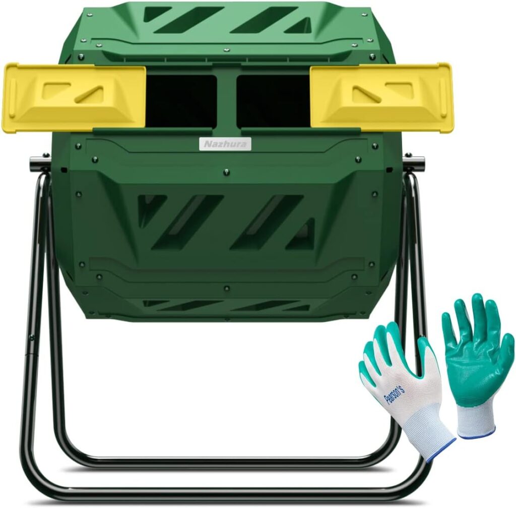 Compost Tumbler Bin Composter Dual Chamber 43 Gallon (Bundled with Pearsons Gardening Gloves)