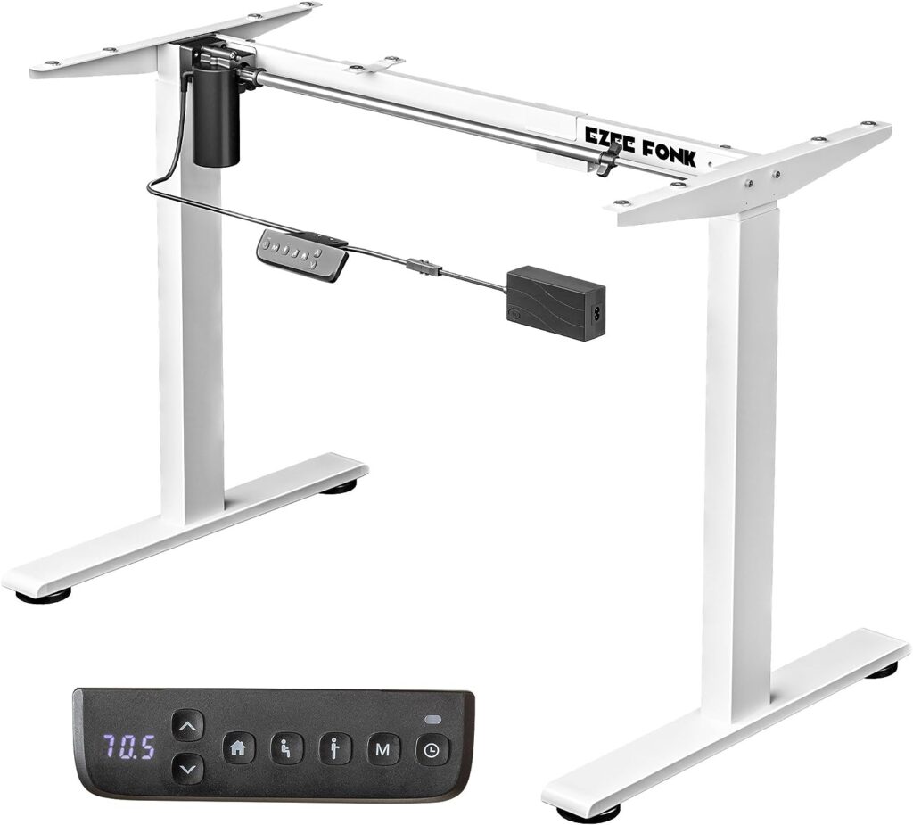 Ezeefonk Electric Electric Sit Stand Desk Frame Electric Standing Desk Adjustable Height for 43 ” to 78.5 ” Desk Tops Adjustable Desk Legs with Memory Controller Rising Desk White (Frame Only)
