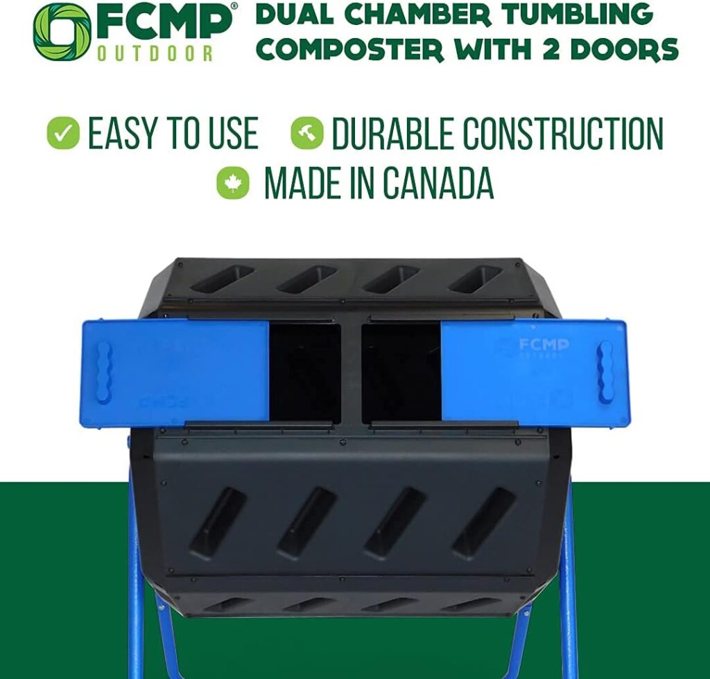FCMP Outdoor IM4000-DD Dual Chamber Tumbling Composter with Double Doors (Blue) Canadian-Made, 100% Recycled Resin
