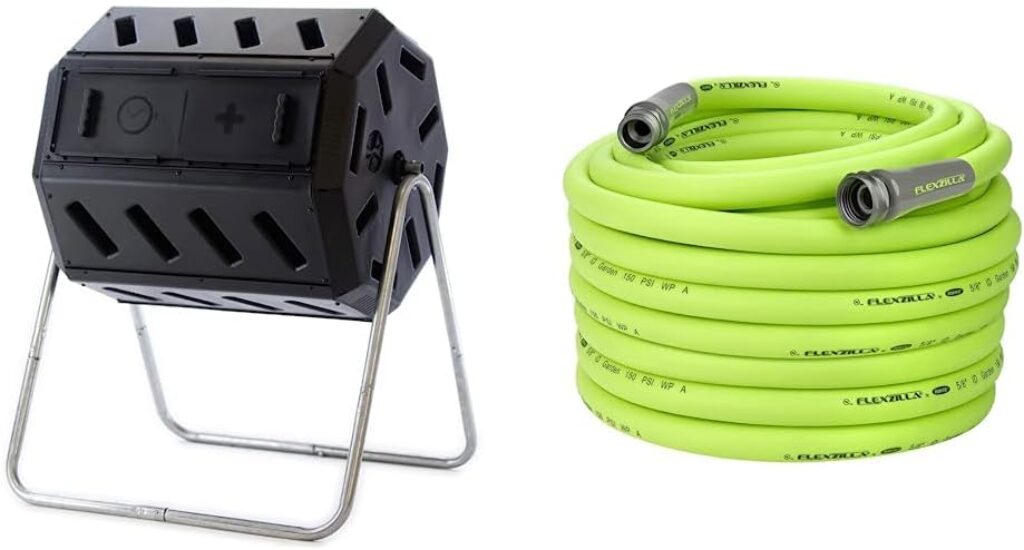 FCMP Outdoor IM4000 Dual Chamber Tumbling Composter, Black (37 Gallon)  Flexzilla Garden Hose 5/8 in. x 100 ft., Heavy Duty, Lightweight, Drinking Water Safe, ZillaGreen - HFZG5100YW-E