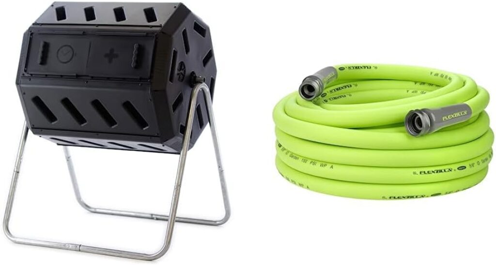 FCMP Outdoor IM4000 Dual Chamber Tumbling Composter, Black (37 Gallon)  Flexzilla Garden Hose 5/8 in. x 50 ft, Heavy Duty, Lightweight, Drinking Water Safe, ZillaGreen - HFZG550YW-E