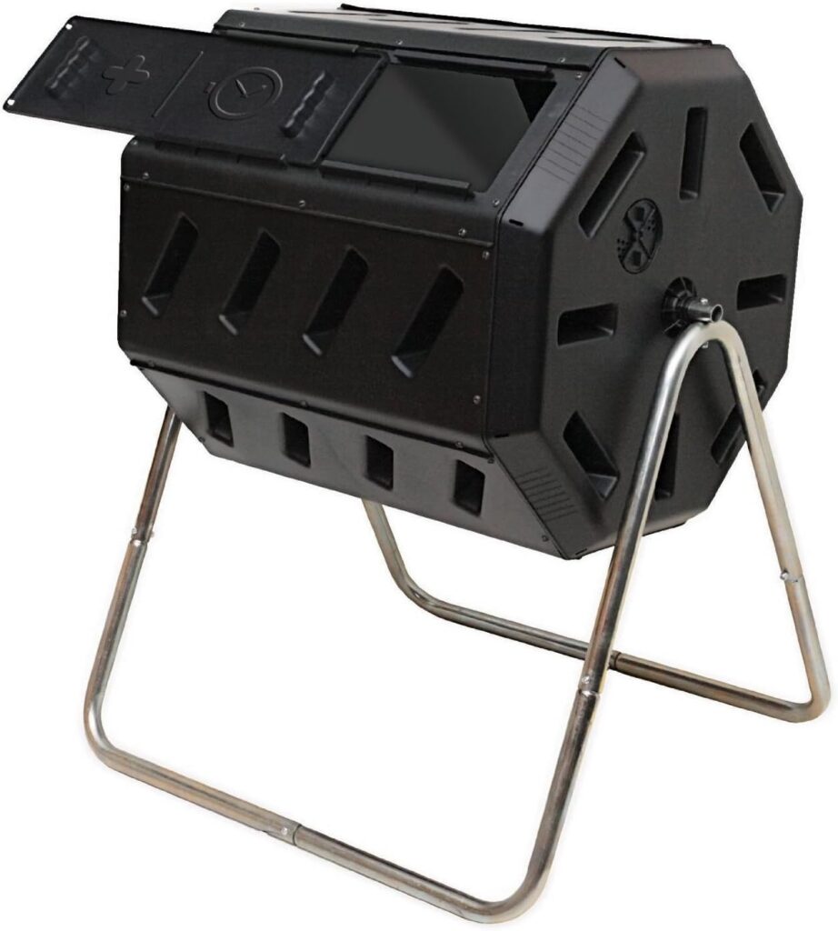 FCMP Outdoor IM4000 Dual Chamber Tumbling Composter (Black)  OXO Good Grips Easy-Clean Compost Bin - Charcoal - 0.75 Gal/2.83 L