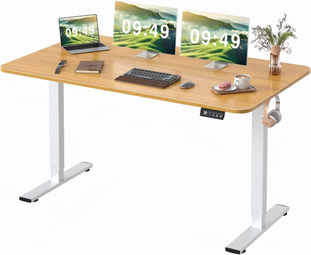 Furmax Electric Height Adjustable Standing Desk Large 55 x 24 Inches Sit Stand Up Desk Home Office Computer Desk Memory Preset with T-Shaped Metal Bracket, WhiteWood