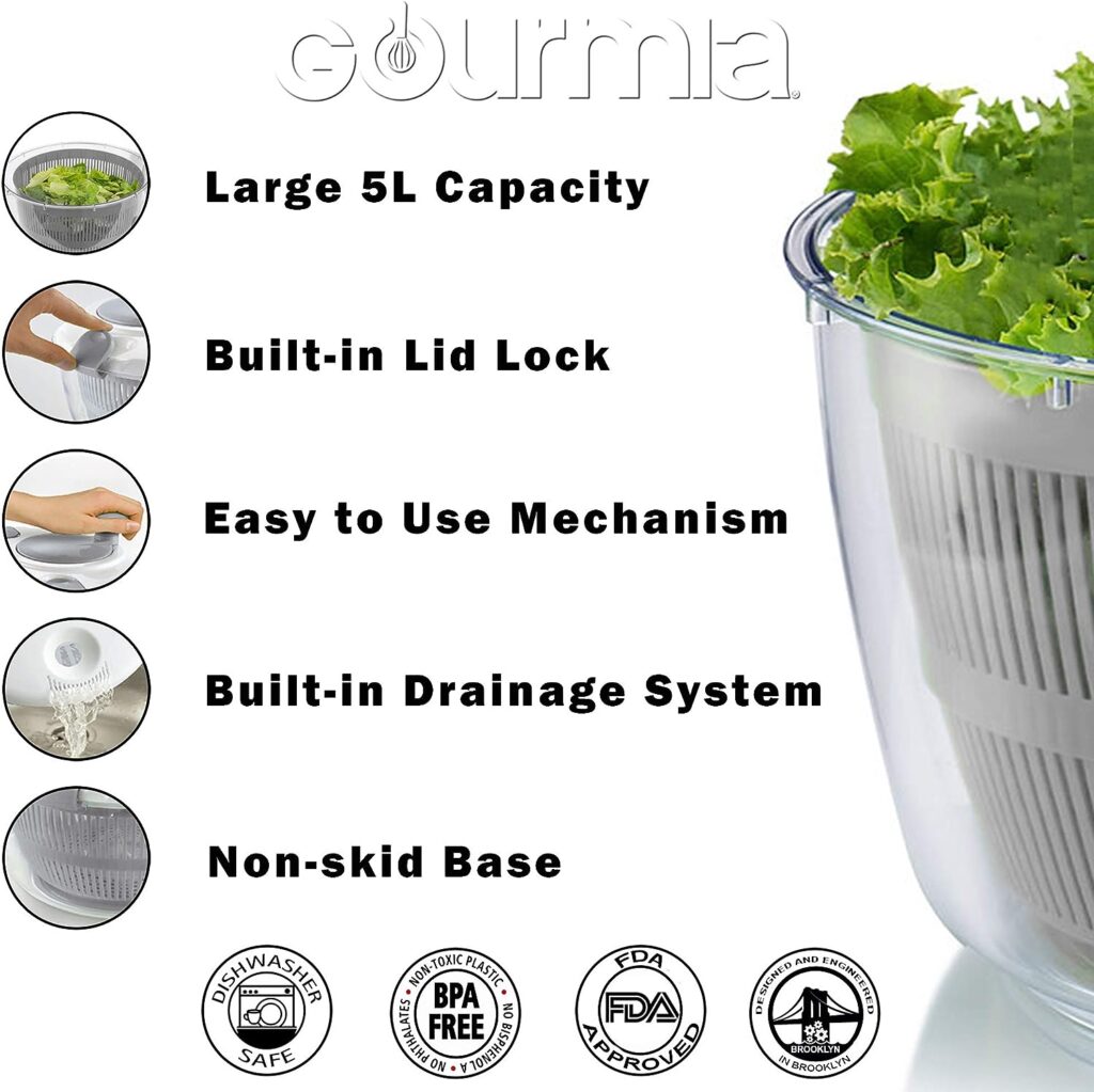 Gourmia GSA9240 Jumbo Salad Spinner - Manual Lettuce Dryer With Crank Handle  Locking Lid, BPA Free and Top Rack Dishwasher Safe,(5L)