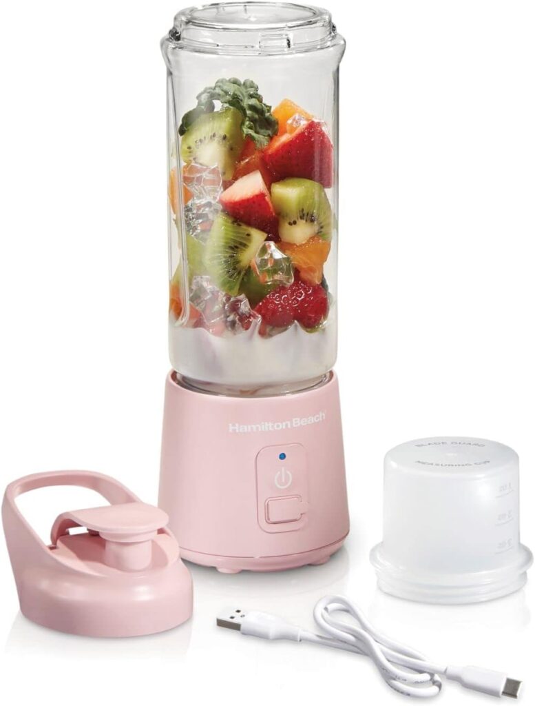 Hamilton Beach Mini Cordless Portable Personal Blender for Shakes and Smoothies, USB Rechargeable, 16 oz. Jar with Leakproof Travel Lid, 6 Stainless Steel Blades, Pink (51181)