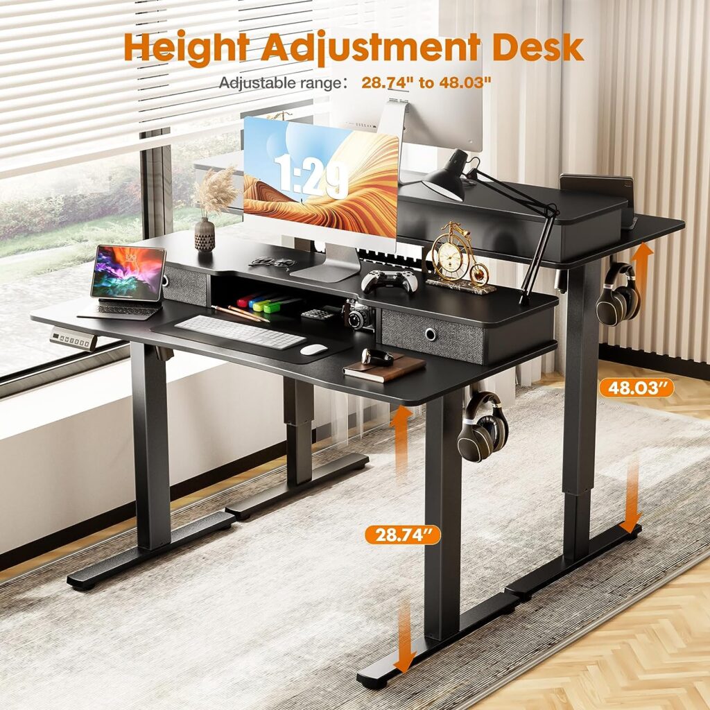 Height Adjustable Electric Standing Desk with Storage Shelf Double Drawer, 55 x 24 Inch Stand up Desk, Sit Stand Desk with Splice Board, Standing Table Black Frame/Black Desktop for Home Office