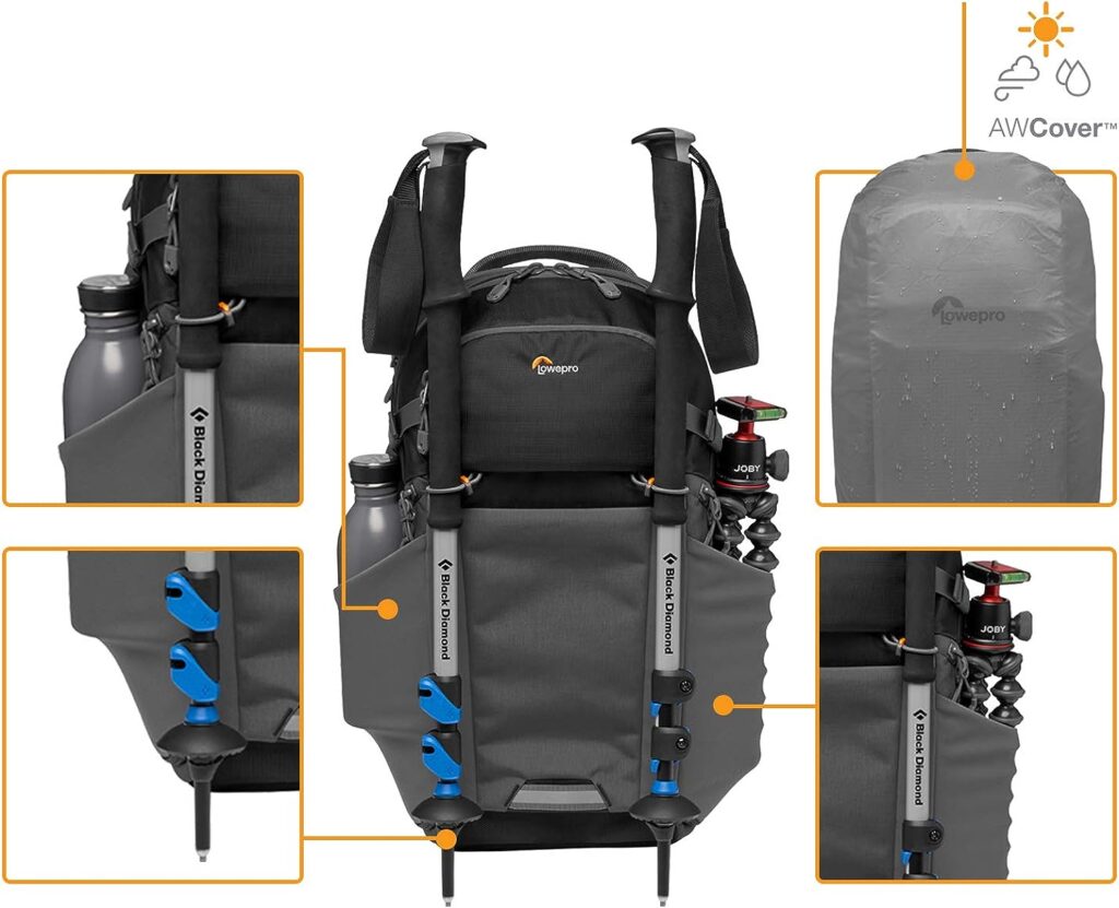 Lowepro LP37260-PWW Photo Active Outdoor Camera Backpack, QuickShelf Dividers, fits 12inch Laptop/2L Hydration, for Mirrorless, Sony, Canon, Nikon, Lenses, Gimbal, Drone, DJI, Osmo, Mavic, Black/Grey, BP200
