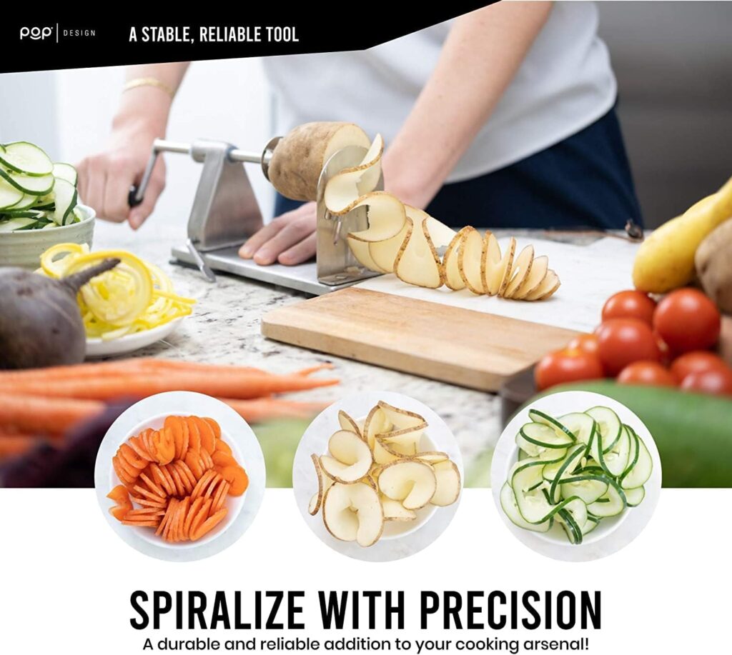 POP Design Stainless Steel Vegetable Spiralizer, Commercial Grade Spiralizer and Potato Cutter for Curly Fries, Noodle Maker and Zoodler, 3 Blade Size Cutters, Wooden Handle, No-Slip Suction Base