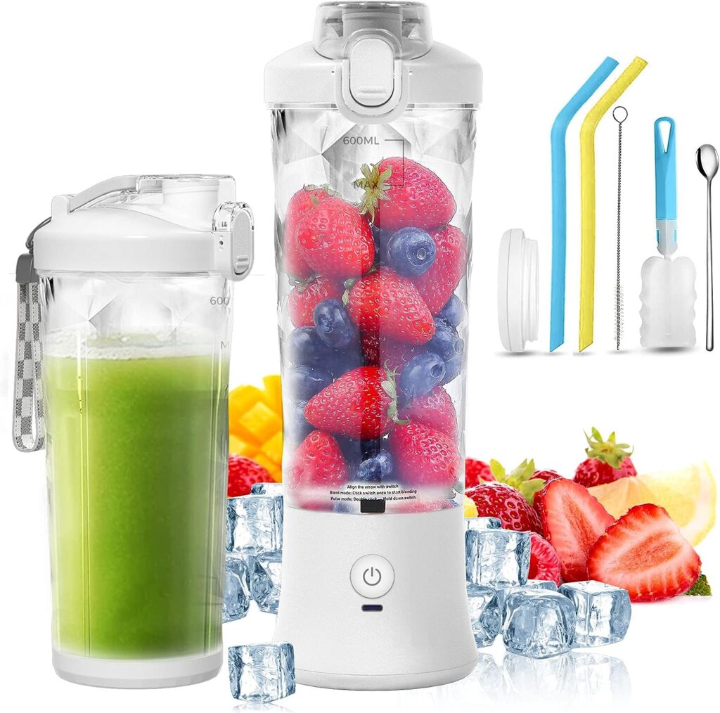 Portable Blender, Personal Blender for Shakes and Smoothies, Mini Blender with 6 Blades USB Rechargeable, 20 Oz To-Go Cups and Spout Lids for Frozen Blending, Kitchen, Home, Travel, BPA-Free
