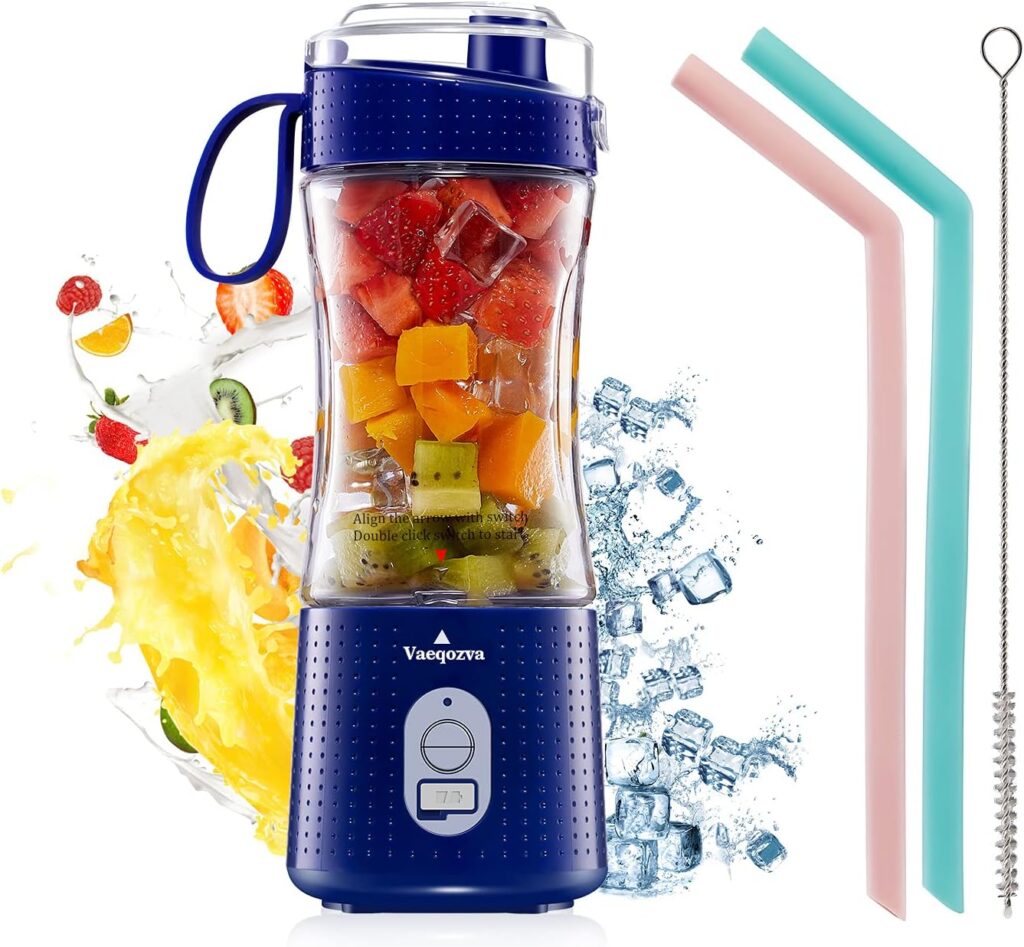 Portable Blender, Vaeqozva USB Rechargeable Smoothie on the Go Blender Cup with Straws, Protein Shakes Fruit Mini Mixer for Home, Sport, Office, Camping - Navy Blue