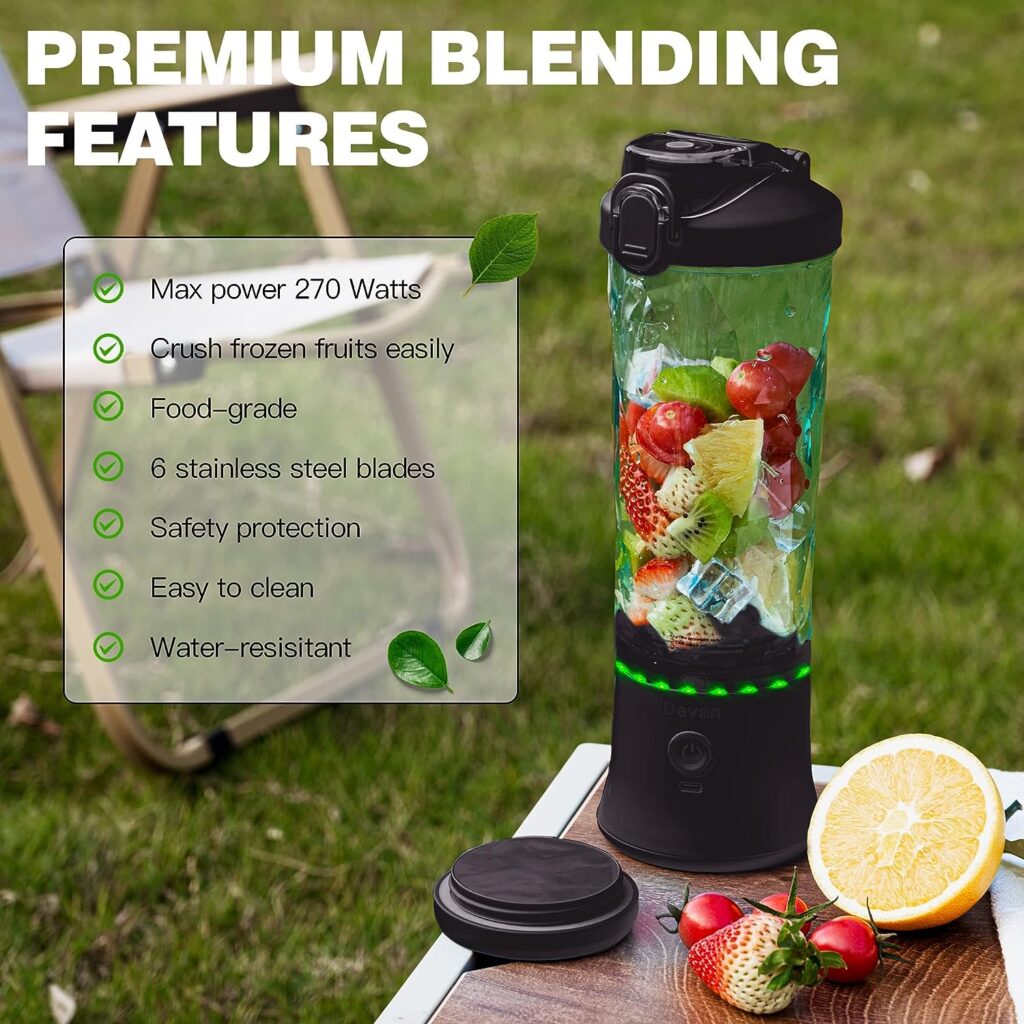 Portable Blender,270 Watt for Shakes and Smoothies Waterproof Blender USB Rechargeable with 20 oz BPA Free Blender Cups with Travel Lid. (Black)