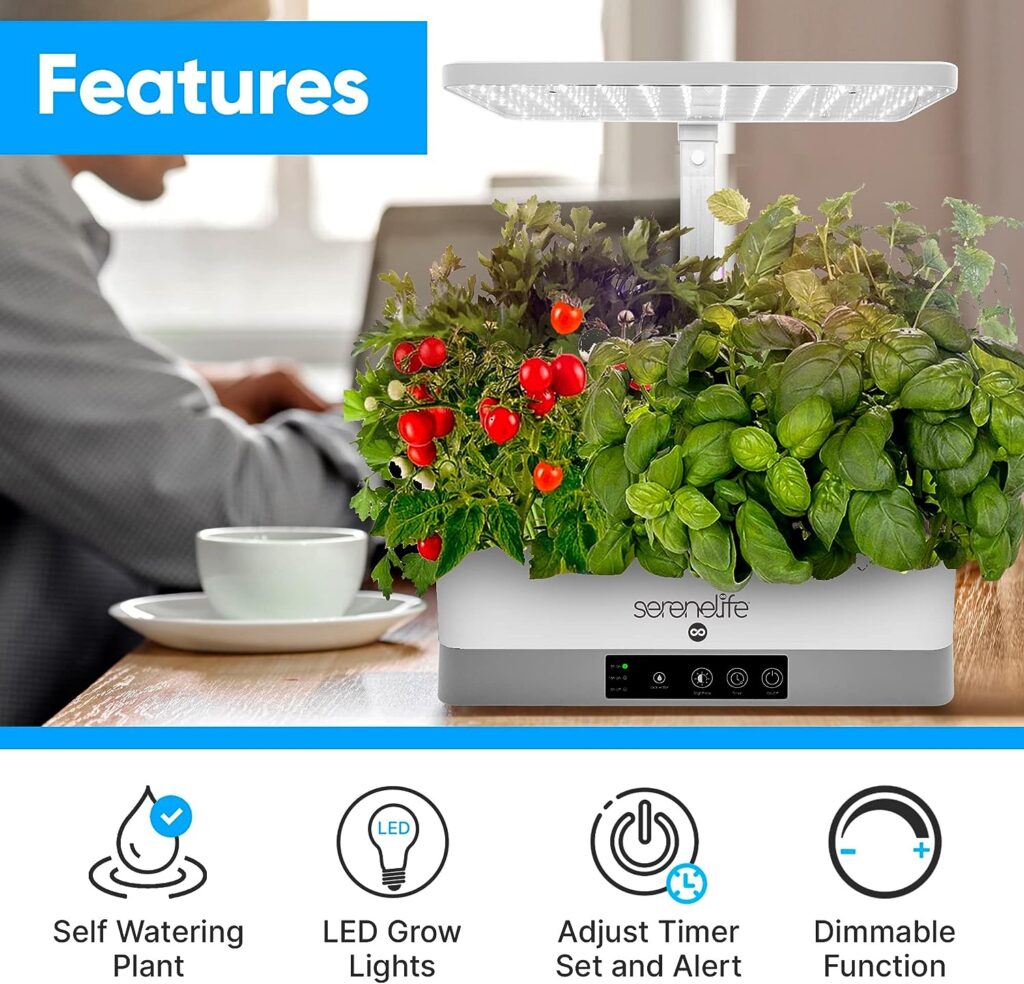 SereneLife Smart Starter Kit-Hydroponic Herb Garden Indoor Plant System w/Height Adjustable LED Grow Lights, 6 pods, 3 Modes-Home Kitchen, Bedroom, Office SLGLF140 Aluminum (White)