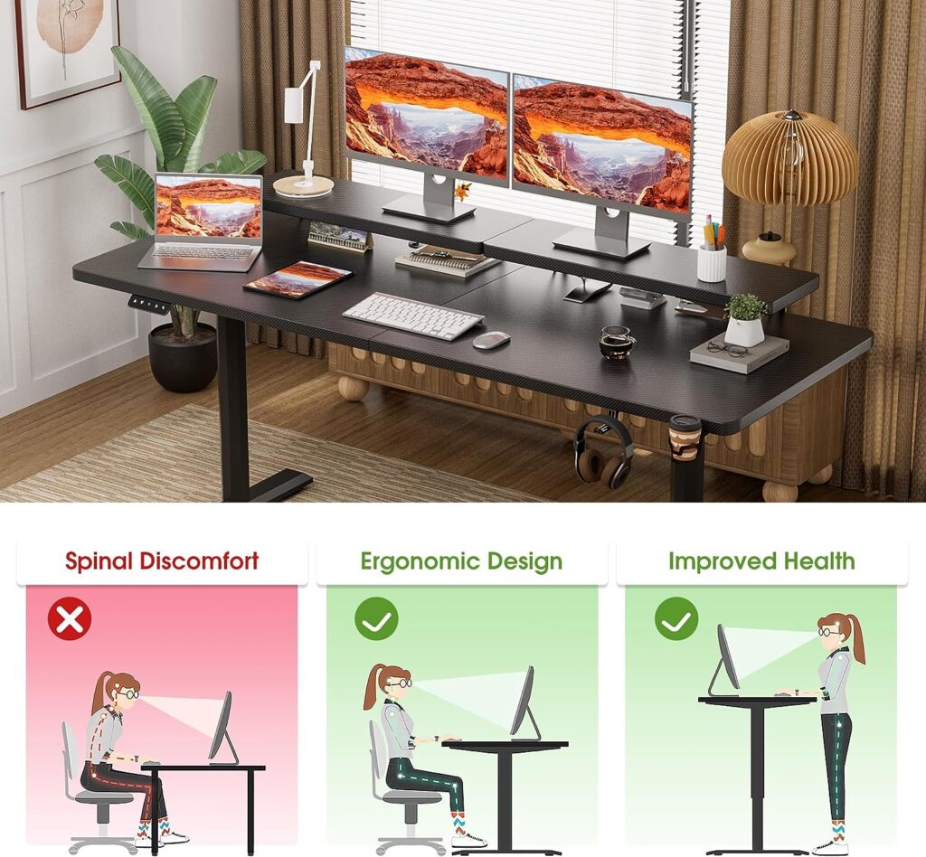Shahoo Electric Standing Desk with Monitor Shelf, 63 x 27 Inches Height Adjustable Conner Table, Computer Workstation with Cup Holder and Hook for Home Office, Black, 63x27 Inch