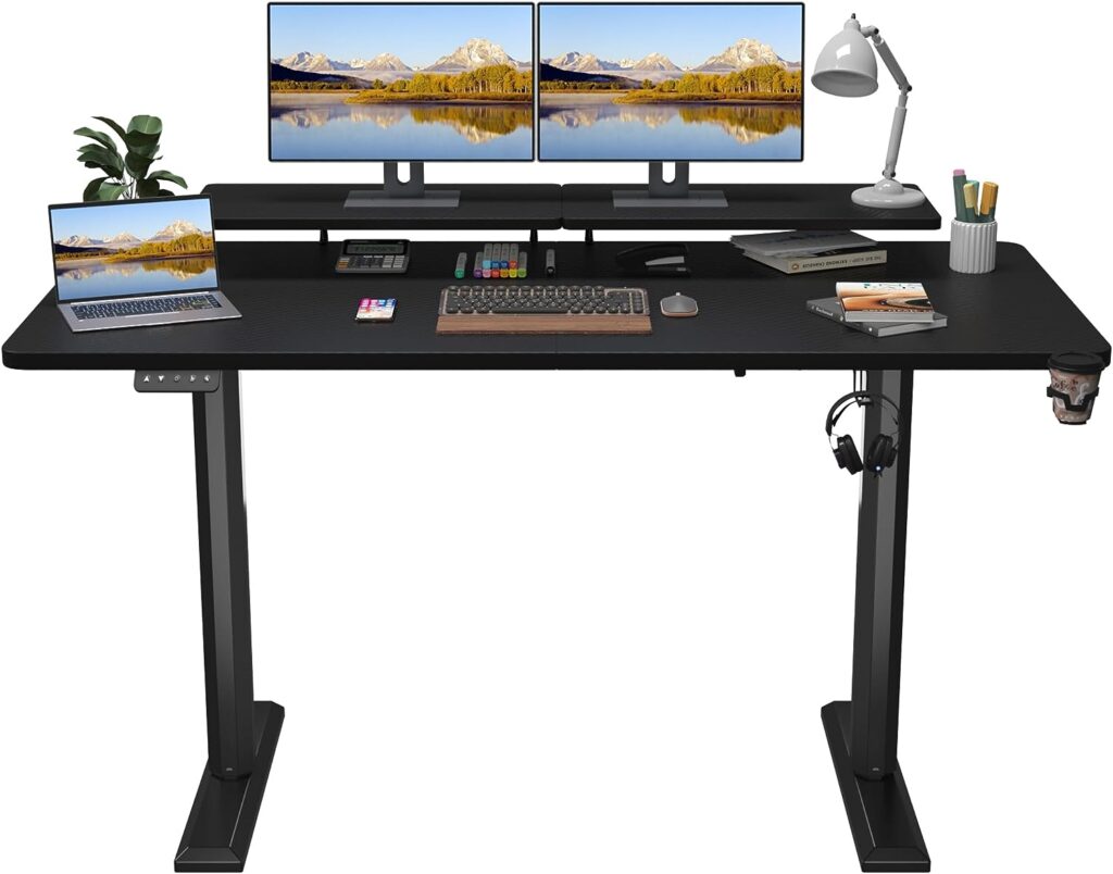 Shahoo Electric Standing Desk with Monitor Shelf, 63 x 27 Inches Height Adjustable Conner Table, Computer Workstation with Cup Holder and Hook for Home Office, Black, 63x27 Inch