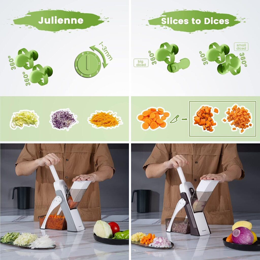 SupMaKin Safe Mandoline Slicer, Upright Vegetable Slice Potatoes Cutter Chopper, Julienne + Dicer, Thickness Adjuster for Kitchen Fast Meal Prep -Green