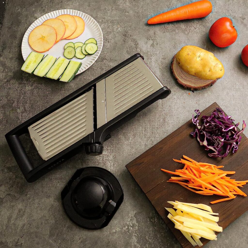 VEKAYA Mandoline Slicer for Kitchen, [4.5mm/9mm Julienne  0-9mm Slice] Adjustable Mandolin Slicer for Onion Potato Carrot Vegetable Food Fruit with Bonus Cut Resistant Gloves, Food Safety Holder