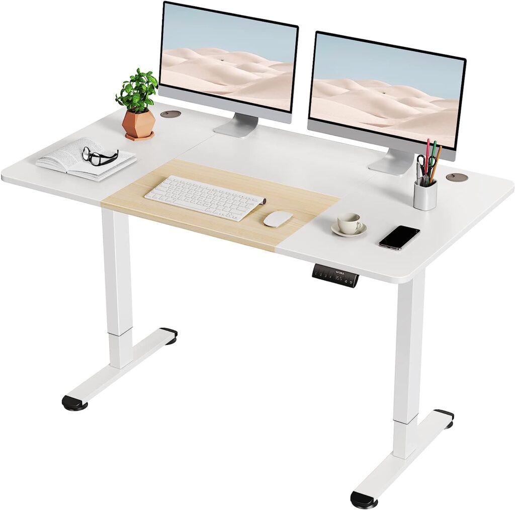 WOKA 55 x 28 Inch Electric Standing Desk, Height Adjustable Stand Up Desk, Sit Stand Desk with Memory Controllers, Adjustable Desk for Home Office with White and Oak Top and White Frame