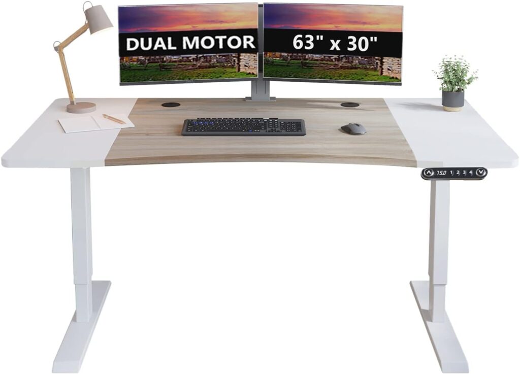 bilbil Dual Motor Electric Standing Desk, 63 x 30 Inch Height Adjustable Sit Stand Table with Splice Board, Stand up Home Office Desk, White Frame/White and Oak Top