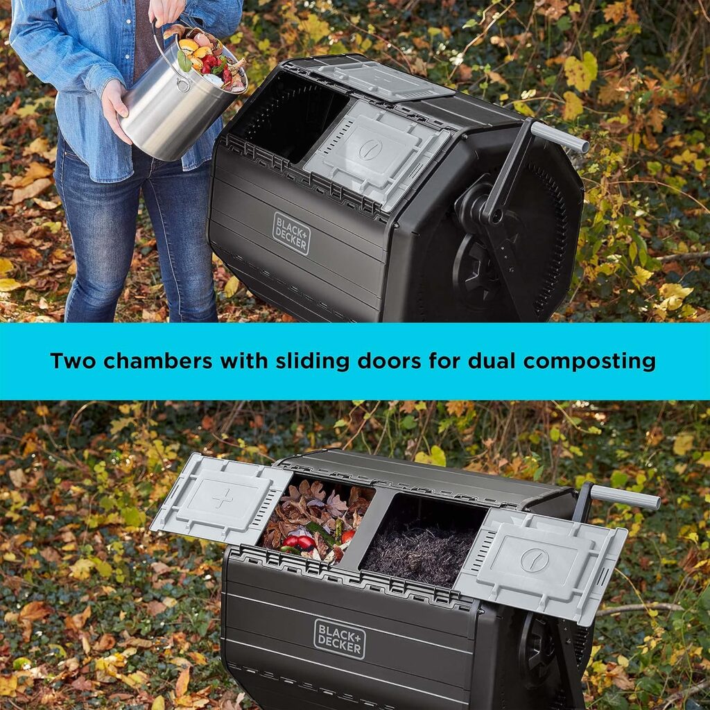 BLACK+DECKER Compost Tumbler, Dual Chamber Composter, 40 Gallon, Easy Handle System for Composting (BDSTGA9701)