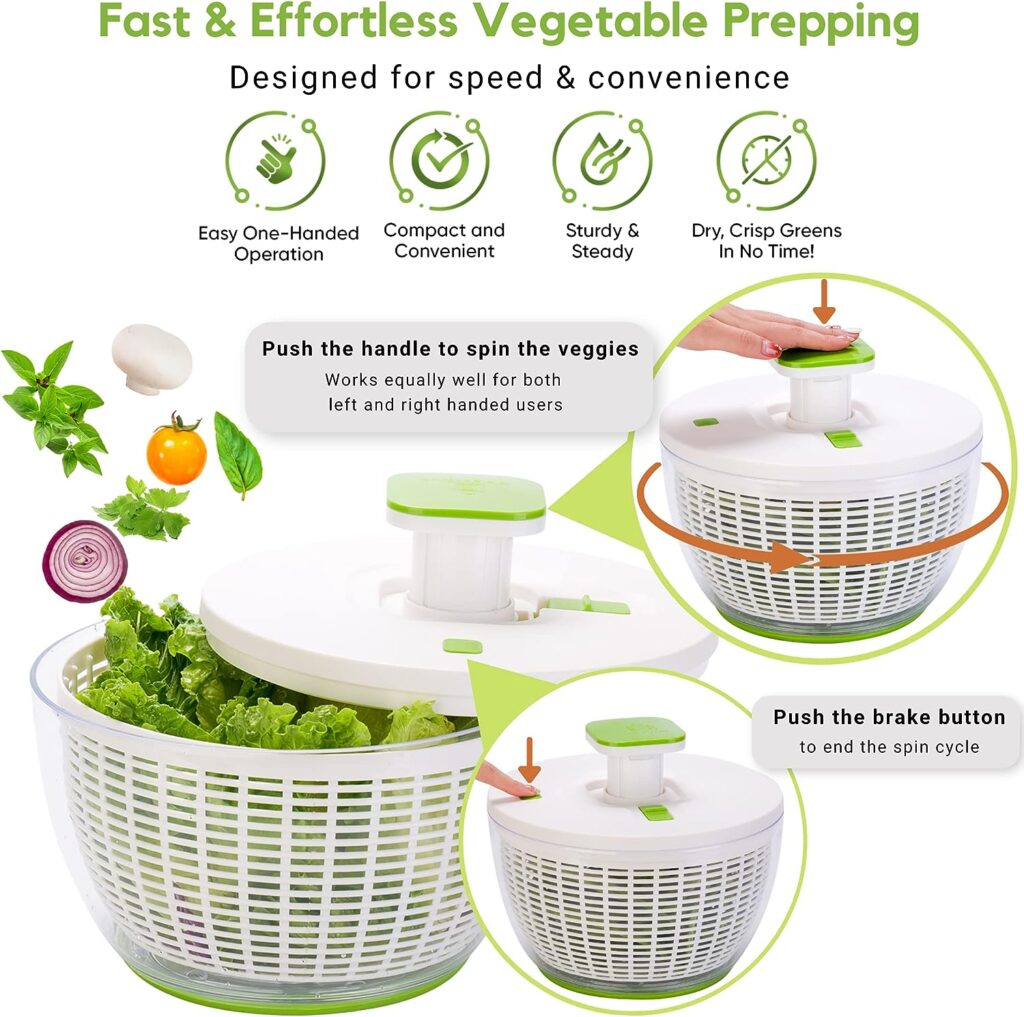 Brieftons QuickPush Salad Spinner: Large 6.3-Quart Vegetable Washer Dryer Strainer Drainer, Easy One-Handed Handle  Brake, Fast Spin Cycles, Compact Storage, to Wash, Clean  Dry Vegetables, Fruits