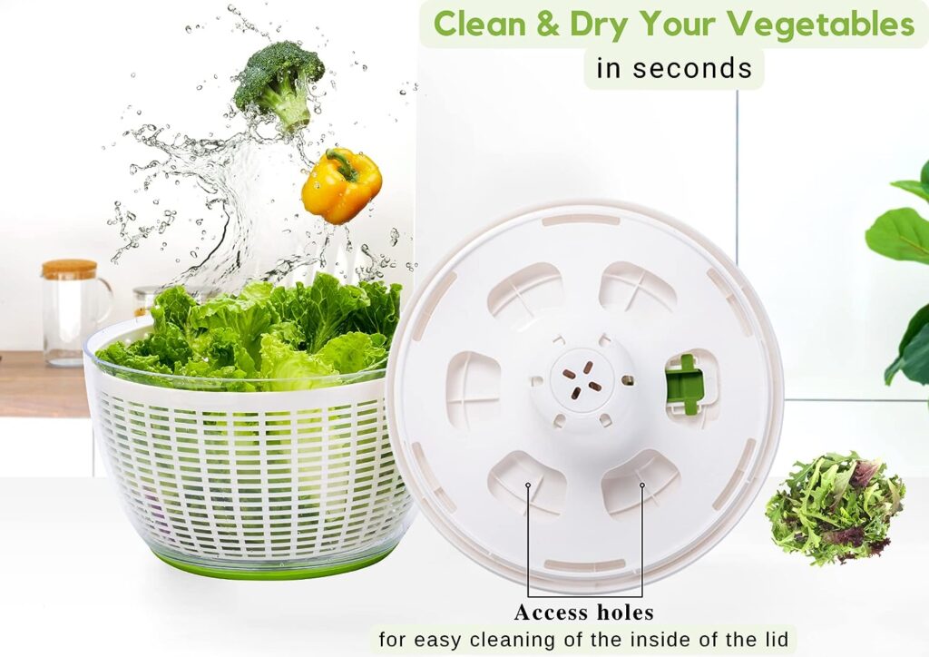 Brieftons QuickPush Salad Spinner: Large 6.3-Quart Vegetable Washer Dryer Strainer Drainer, Easy One-Handed Handle  Brake, Fast Spin Cycles, Compact Storage, to Wash, Clean  Dry Vegetables, Fruits