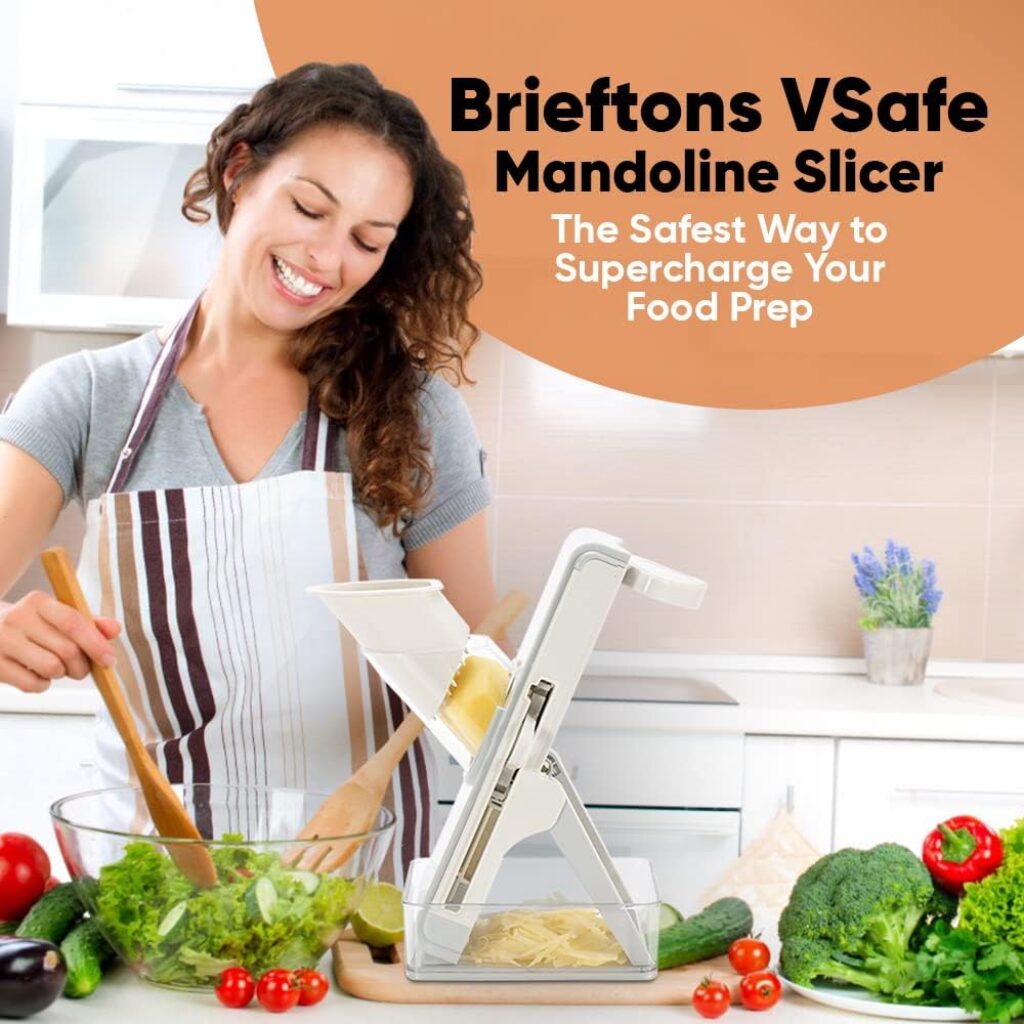 Brieftons Safe Mandoline Slicer for Kitchen, Injury-Free Design, 3 Cutting Modes  2 Thickness Levels to Slice, Dice, Chop, Julienne Vegetables, with Container/Lid, Cleaning Brush  5 Recipe Ebooks