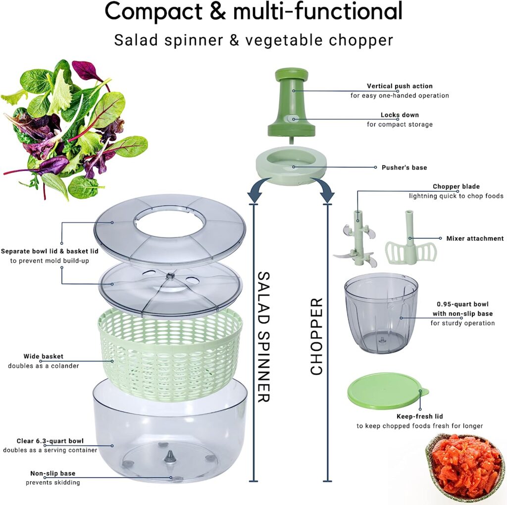 Brieftons Salad Spinner and Chopper: Large 6.3-Quart Lettuce Greens Vegetable Washer Dryer, with Bonus 0.95-Quart Veggie Chopper Mixer, Compact Storage, Easy Push Operation for Quick Veggie Prepping