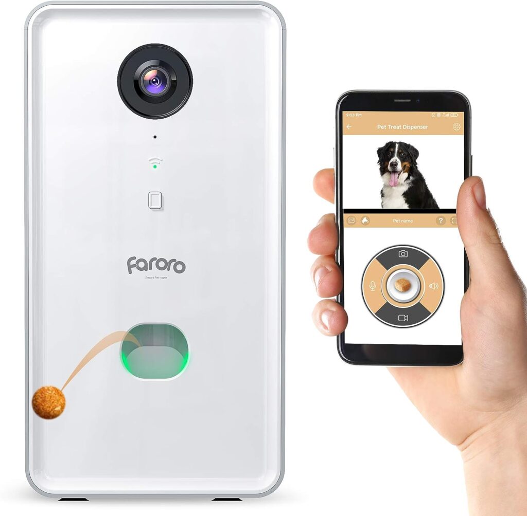 Faroro Dog Camera with Treat Dispenser, 2.4GHz and 5GHz Wi-Fi Pet Camera with Two Way Audio and 1080P Full HD Night Vision for Treat Tossing and Monitoring Your Pet Remotely