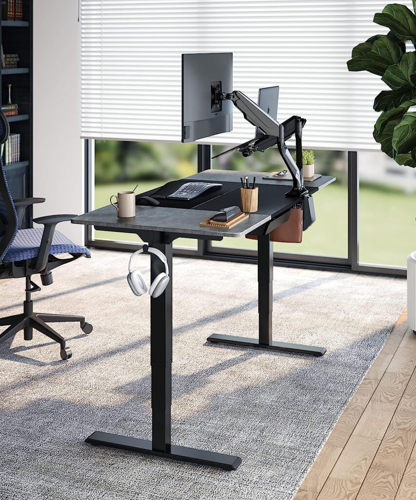 FLEXISPOT EP4 Classic Electric Standing Desk 63x30 Inches Dual Motor 3 Stages Height Adjustable Desk Stand Up Desk with USB Charging Port and Hooks Sit Stand Desk, Black Frame  Black/Greystone Top