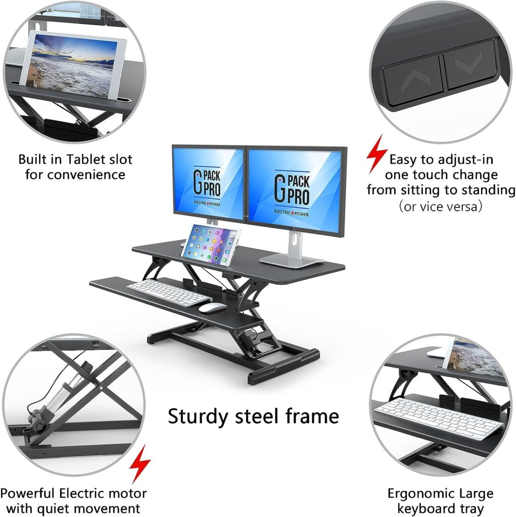 G Pack Pro Standing Desk Converter - Electric Height Adjustable Desk for Sit Stand Desk Workstation with Removable Keyword Tray and Space for Dual Monitors - Ergonomic Design for Maximum Productivity