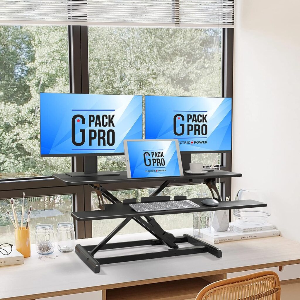 G-Pack Pro X38 Electric Standing Desk Converter Motorized Stand up Riser for Sit Stand Desk Workstation with Removable Keyword Tray and Space for Dual Monitors -