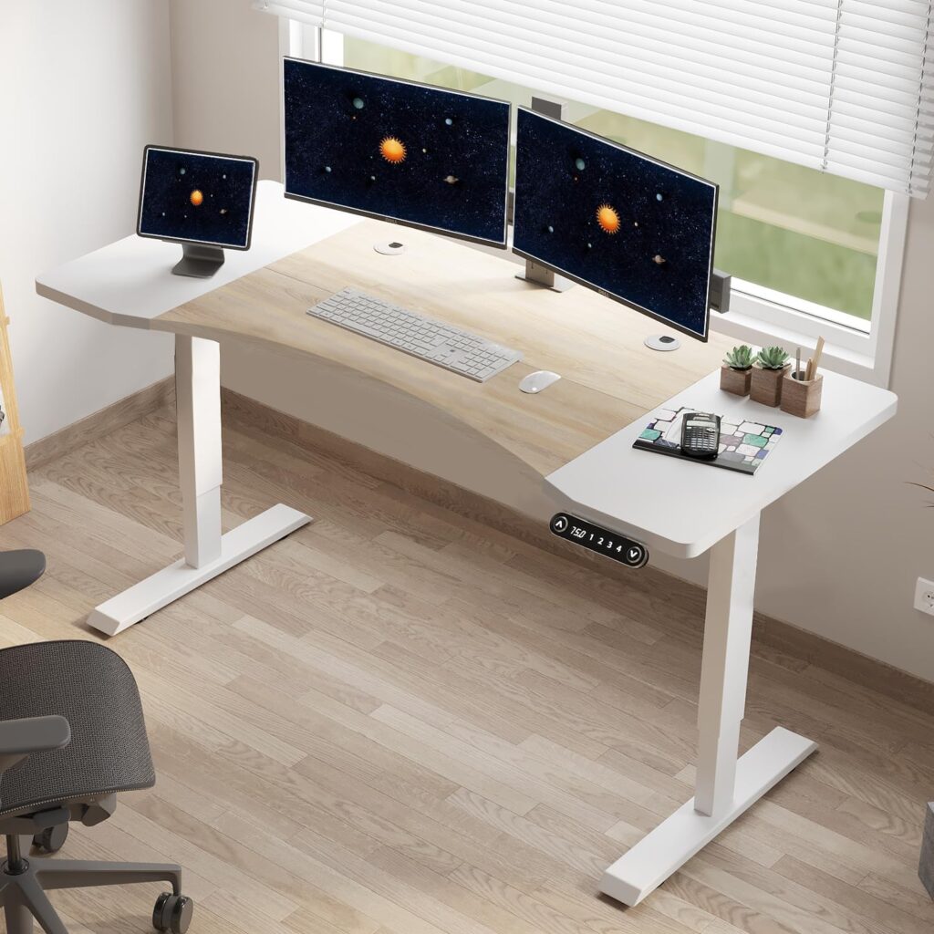 HEONAM Dual Motor Electric Standing Desk, 63 x 30 Inches Height Adjustable Table with Splice Board, Ergonomic Sit Stand Computer Desk with White Frame/Oak+ White Top