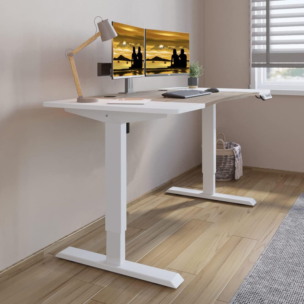 Jceet Dual Motor Electric Standing Desk - 63 x 30 Inch Adjustable Height Sit Stand Computer Desk with Splice Board, Stand Up Desk Table for Home Office, White Frame/Oak and White Top(with Radian)