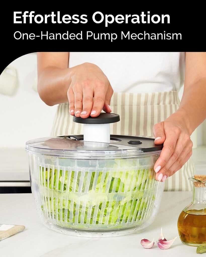 Joined Large Pump Salad Spinner with Drain, Bowl, and Colander - Quick and Easy Multi-Use Lettuce Spinner, Vegetable Dryer, Fruit Washer, Pasta and Fries Spinner - 6.33 Qt