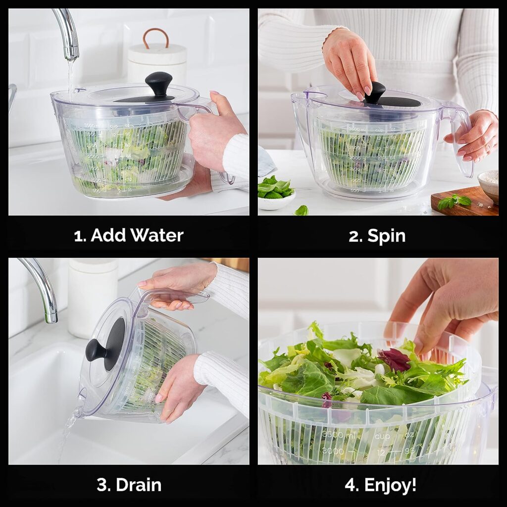 Joined Small Salad Spinner with Rotary Handle, Measuring Jug and Colander - Quick and Easy Multi-Use Lettuce Spinner, Vegetable Dryer, Fruit Washer, Pasta and Fries Spinner - 3.7 Qt