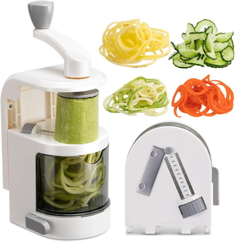 KEOUKE Vegetable Spiralizer 4-IN-1 Rotating Blade Veggie Spiralizer with Container Zucchini Noodle Maker with Strong Suction Cup Spiral Vegetable Cutter Slicer