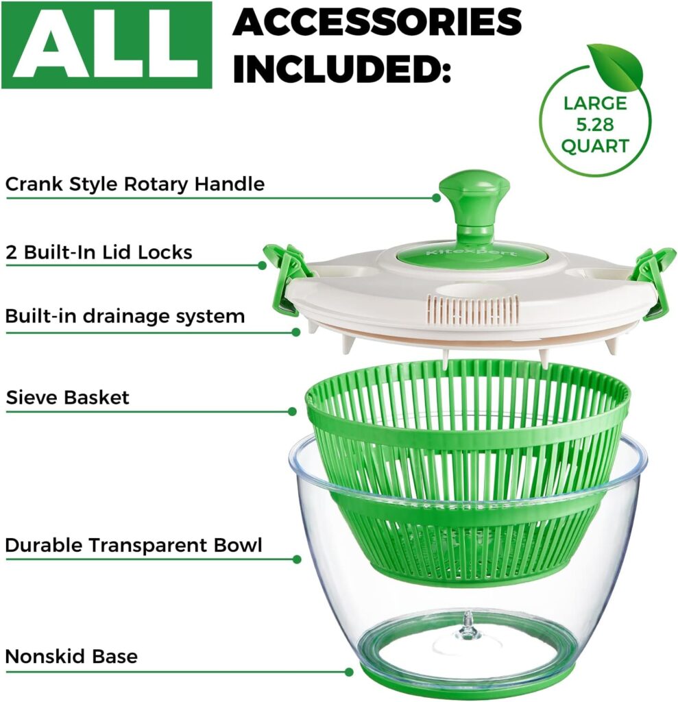 Kitexpert Salad Spinner Large 5.28 Qt, Manual Lettuce Spinner for Veggie Prepping and Fruit Washing, Vegetable Dryer Spinner with Built-in Draining System, Locking and Rotary Handle (Green)