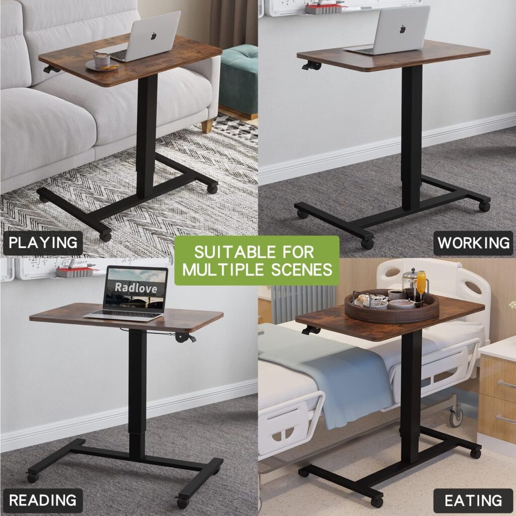 Mobile Standing Desk Height Adjustable Sit to Stand Table, 28 x 20 Pneumatic Laptop Desk with Gas Spring Riser, Overbed Table with Lockable Wheels for Offices, Home, Medical (Rustic Brown)