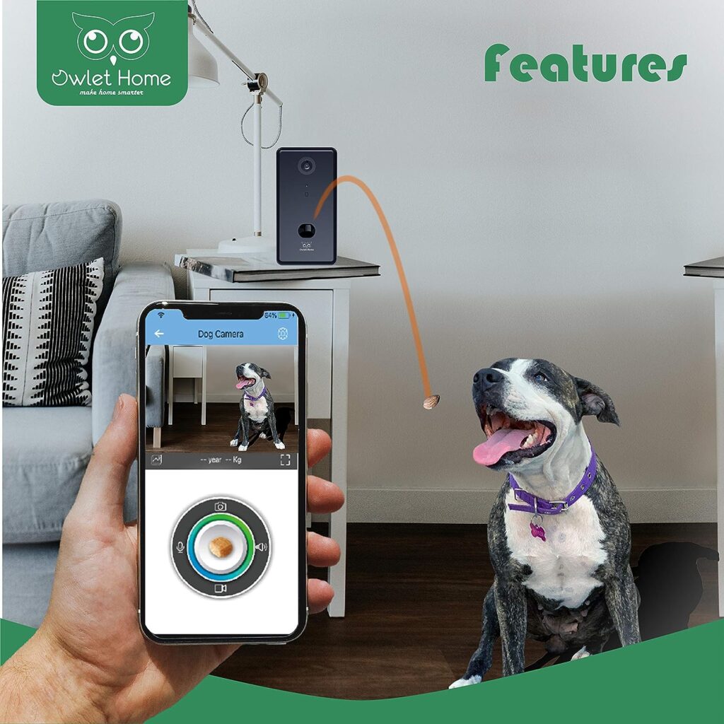 Owlet Home Pet Camera with Treat Dispenser Tossing for Dogs/Cats, 2.4Ghz  5Ghz WiFi, 1080P Camera, Live Video, Auto Night Vision, 2-Way Audio, Compatible with Alexa, pre-Recorded Voice Message