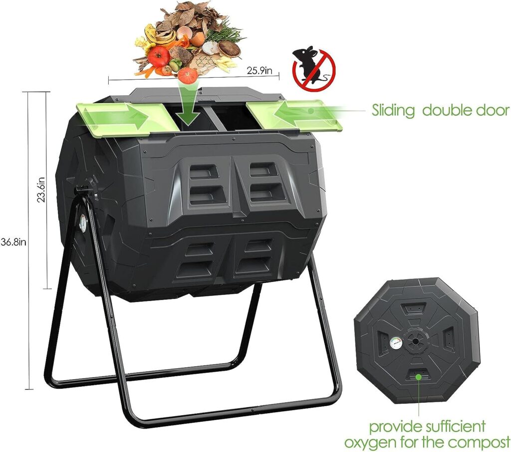 SQUEEZE master Large Compost Tumbler Bin - Outdoor Garden Rotating with Thermometer -Automatic Temperature Measurement-Sturdy Steel Frame - 43Gallon (2-21.5Gal)- Green Door