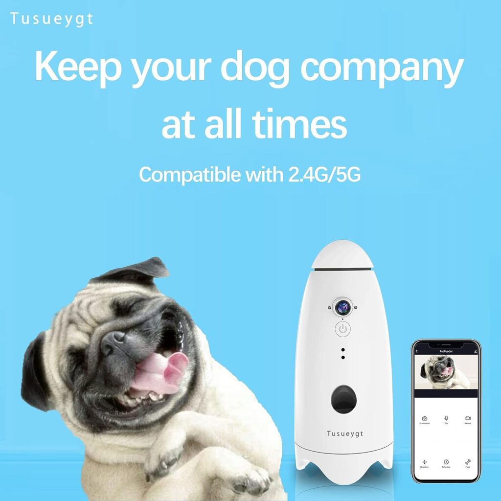 Tusueygt Dog Camera,180°View Pet Treat Tossing,Dog Camera with Phone App,1080p Dog Camera with Treat Dispenser,2 Way Audio,Pet Monitoring Camera with Phone App,2.4G/5G WiFi,Android/iOS