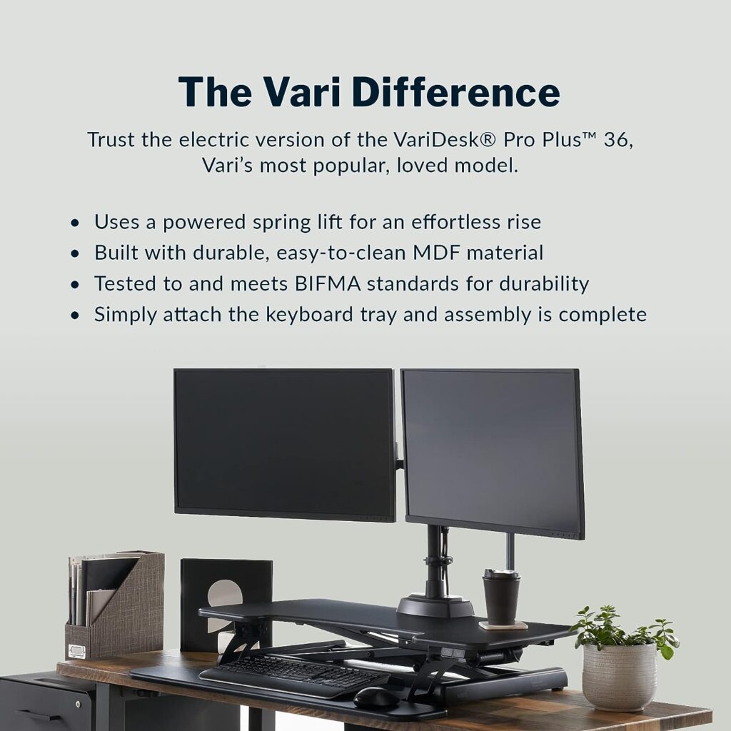 Vari - VariDesk Pro Plus 36 Electric - Electric Standing Desk Converter - Height Adjustable Desk Riser - Sit Stand Desk Converter for Home or Office - Dual Monitor Computer Workstation - Black