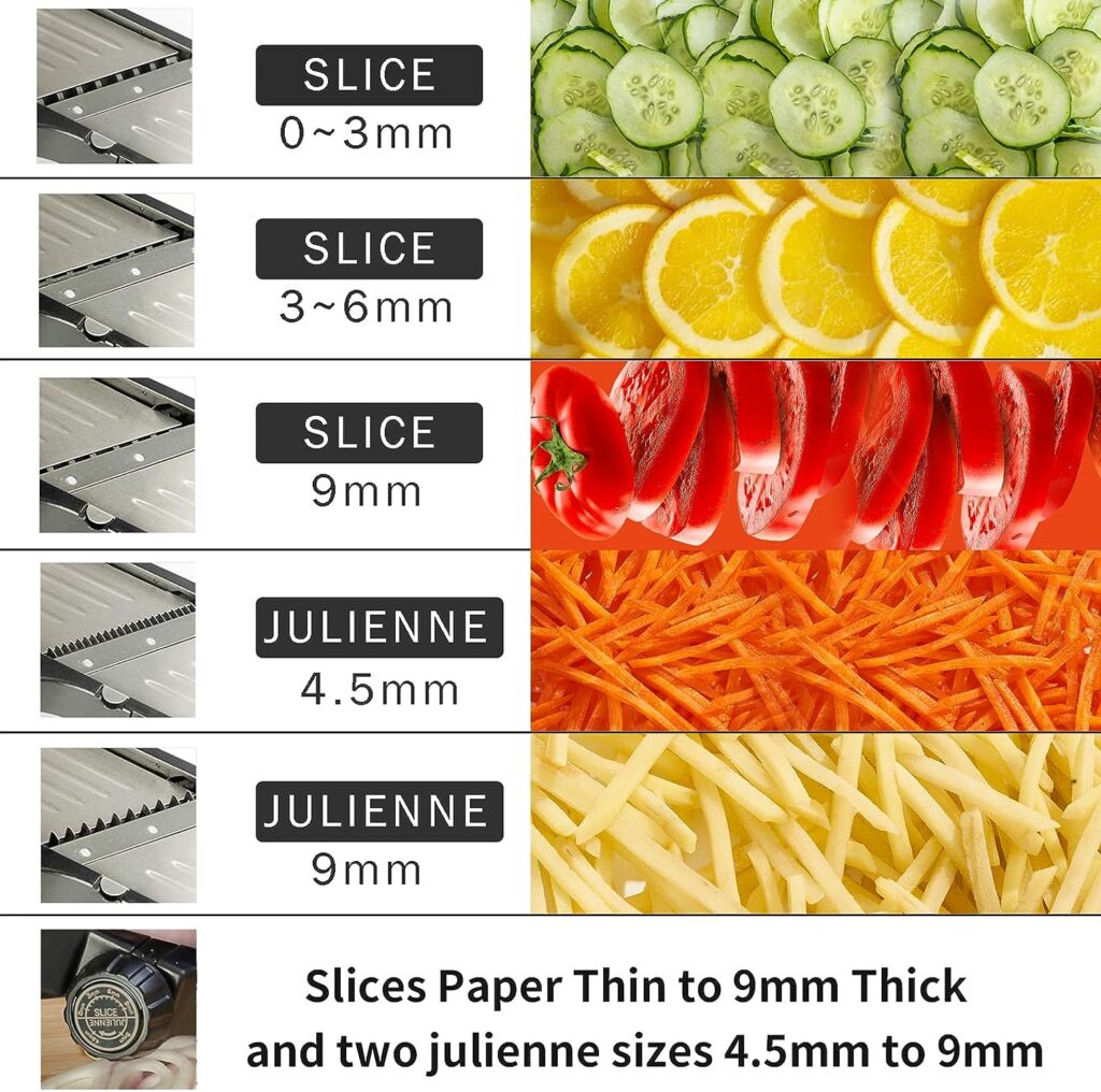 VEKAYA Mandoline Slicer for Kitchen, [4.5mm/9mm Julienne  0-9mm Slice] Adjustable Mandolin Slicer for Onion Potato Carrot Vegetable Food Fruit with Bonus Cut Resistant Gloves, Food Safety Holder